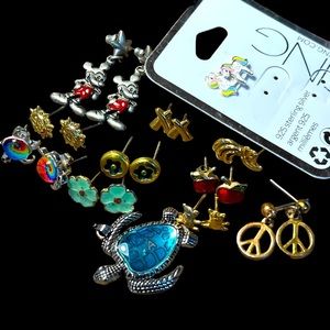 Girl’s earrings 11 pair 1 turtle pendant 925 unicorn earrings Mickey Mouse